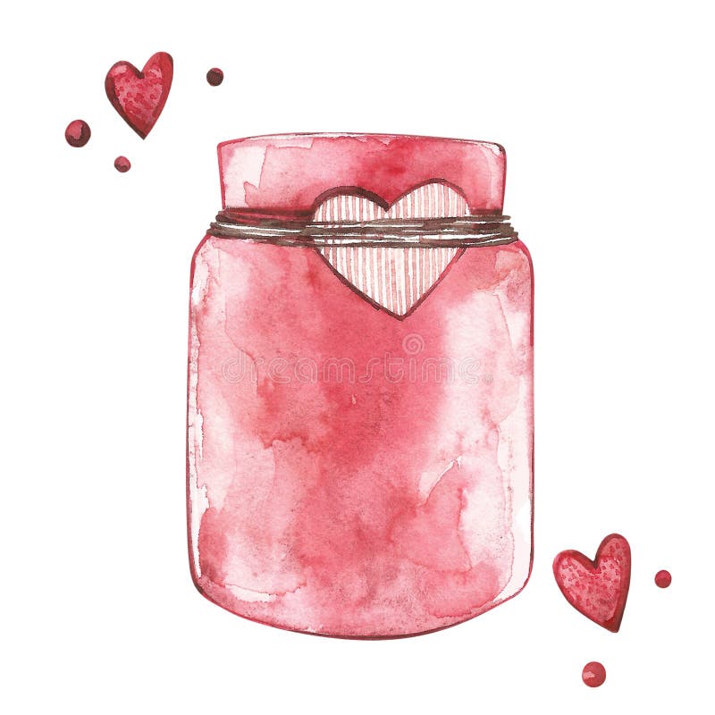 Jar of jam. Watercolor Pink set of elements for Valentine`s day. Scrapbook design elements. Typography poster, card