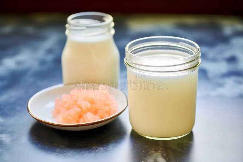A Jar of Kefir Grains Next To a Glass of Kefir Stock Photo Image of