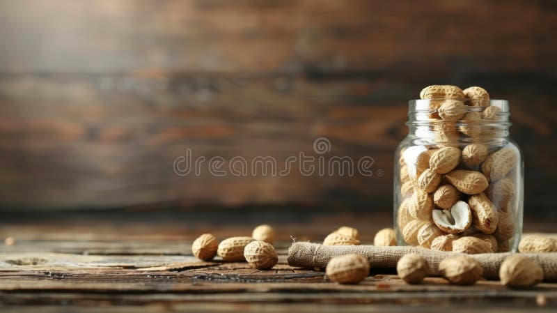 A jar of nuts on a wooden table with some peanuts in it AI generated. A jar of nuts on a wooden table with some peanuts in it AI generated
