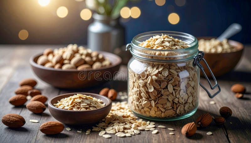 A jar of oatmeal is on a table with other bowls and nuts vector illustration