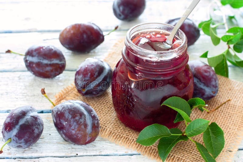 Jar of plum jam stock image. Image of sweet, preserves - 57964839