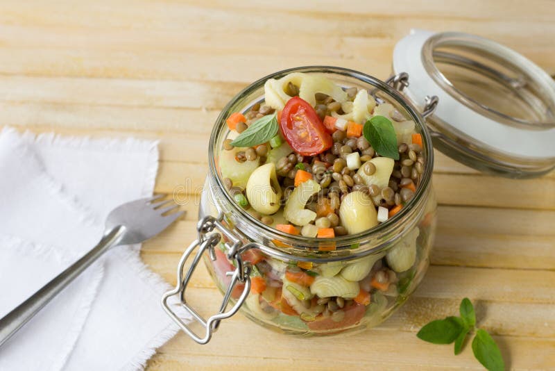 Jar with Salad of Vegetables, Pasta and Lentils Stock Photo Image of
