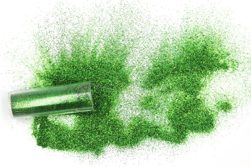 Jar with spilled green  glitter Magical, celestial green glitter spilling out of a jar isolated on white background