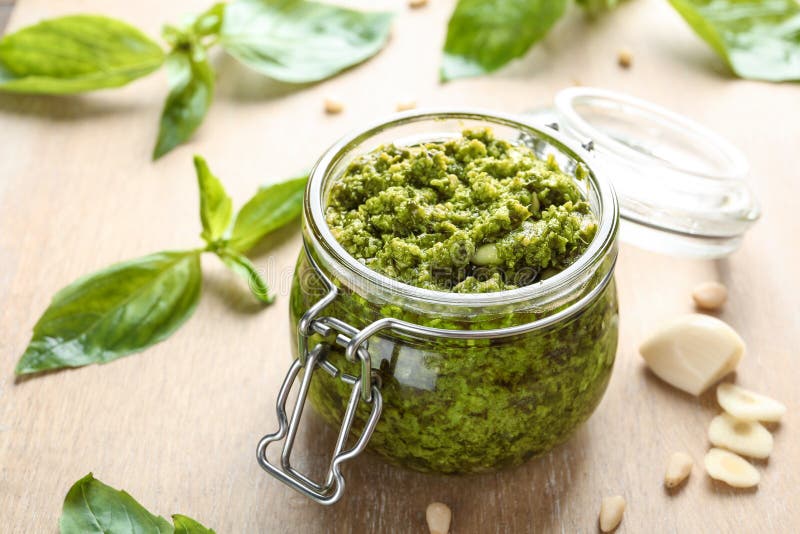 Jar of Tasty Pesto Sauce on Table Stock Photo Image of nuts, glass