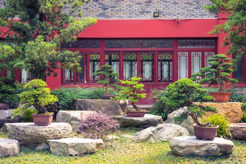 Jardim com a vária árvore dos bonsais em Ásia fotografia de stock Jardim com a vária árvore dos bonsais em Ásia fotografia de stock