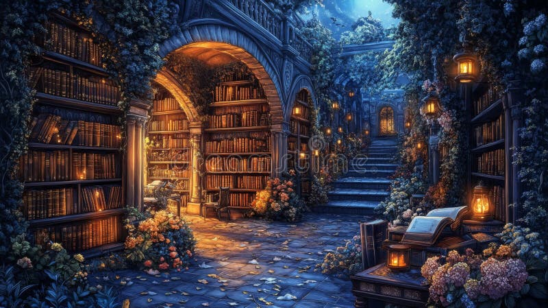 Jardin de la Bibliothèque enchantée la nuit illustration de vecteur