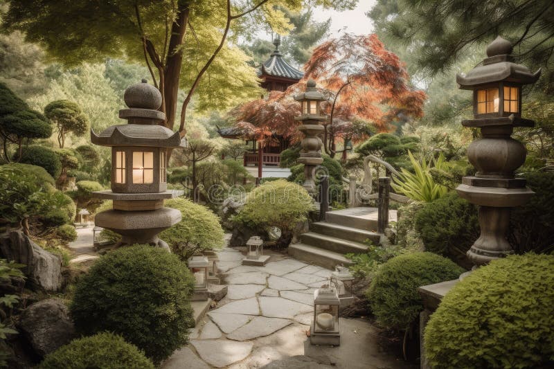 Jardin Zen Japonais Paisible Avec Bonsaï
