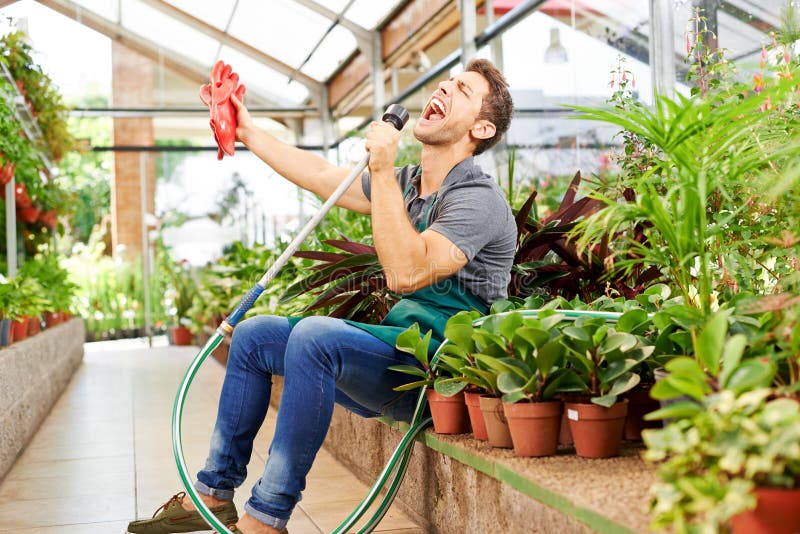 Jardinier heureux chantant en serre chaude photographie stock Jardinier heureux chantant en serre chaude photographie stock