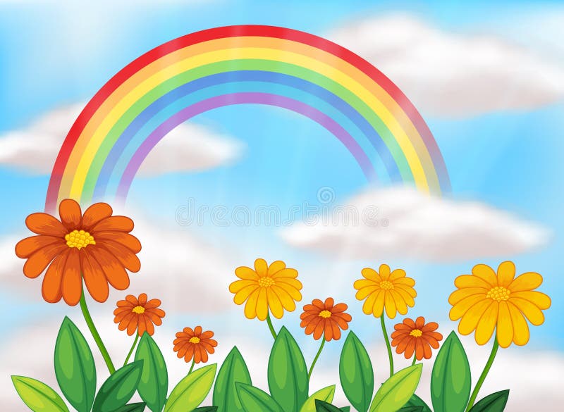 Jardín de flores y arco iris hermoso ilustración del vector Jardín de flores y arco iris hermoso ilustración del vector