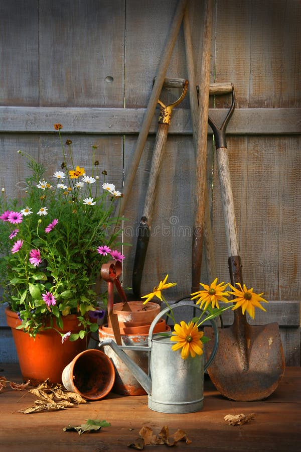 Garden shed with tools and flower pots. Garden shed with tools and flower pots