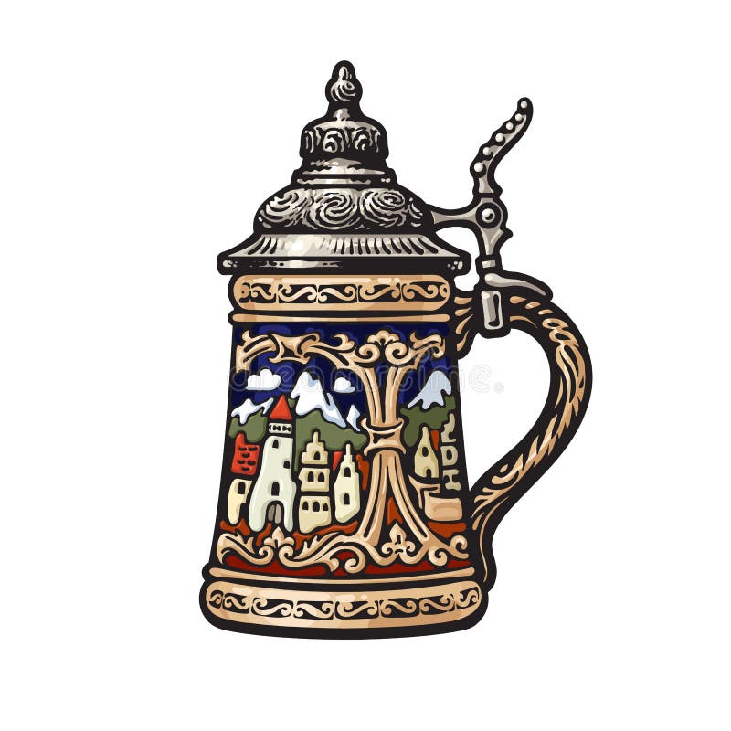 German stein beer mug with decorations in the form of old medieval city. Colorful hand drawn vector illustration isolated on white backgraund. Brewery beer festival bar pub design. German stein beer mug with decorations in the form of old medieval city. Colorful hand drawn vector illustration isolated on white backgraund. Brewery beer festival bar pub design.