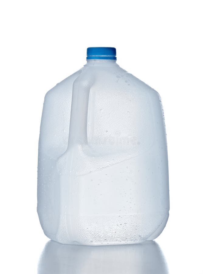 Plastic jug, recyclable and reusable bottle jug container for water, milk and other liquids with no tag and drops on the surface, isolated on white background with reflection. Plastic jug, recyclable and reusable bottle jug container for water, milk and other liquids with no tag and drops on the surface, isolated on white background with reflection