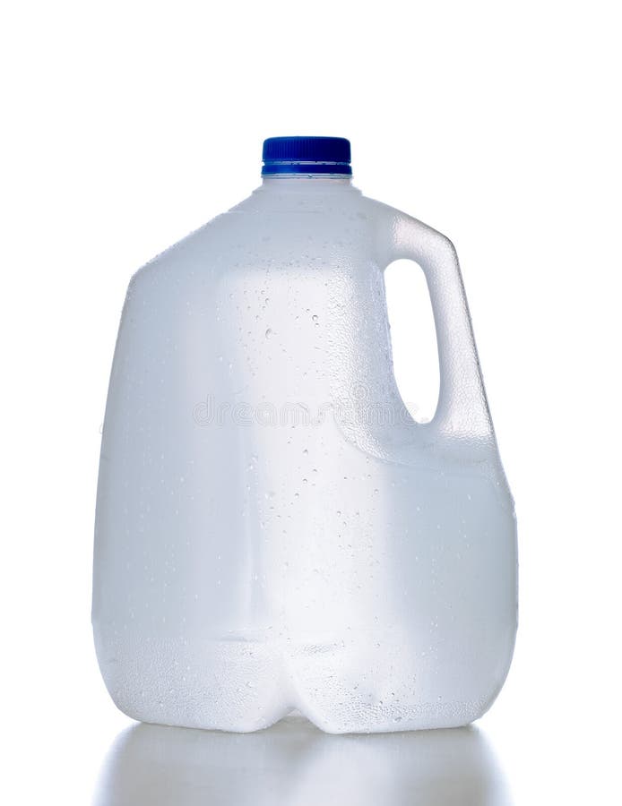 Plastic jug, recyclable and reusable bottle jug container for water, milk and other liquids with no tag and drops on the surface, isolated on white background with reflection. Plastic jug, recyclable and reusable bottle jug container for water, milk and other liquids with no tag and drops on the surface, isolated on white background with reflection