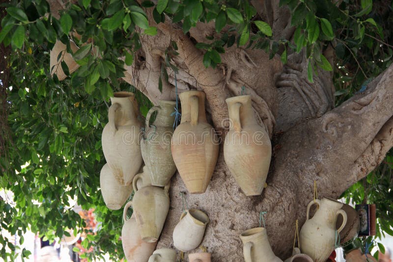 Clay jugs handmade hanging on a tree, Tunisia, Africa. Clay jugs handmade hanging on a tree, Tunisia, Africa