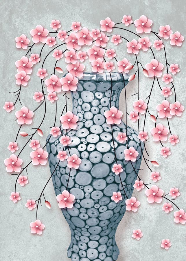 Jarrón de papel mural 3d con flores de rosa sobre fondo gris Apropiado para el uso en el marco de la pared