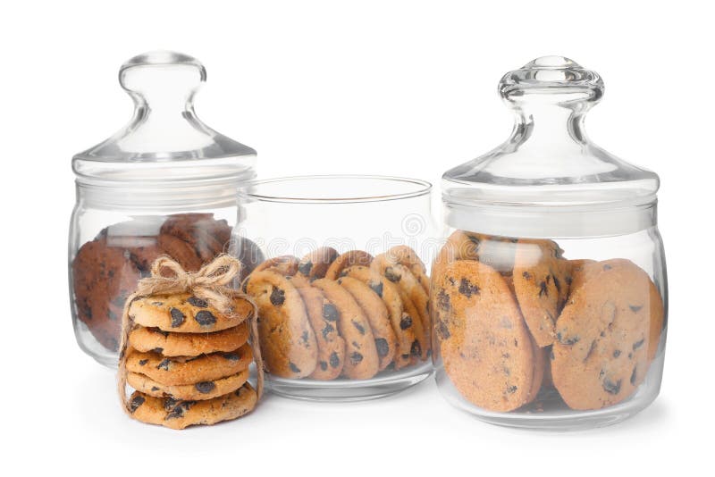 Jars of Chocolate Chip Cookies on White Background Stock Photo Image