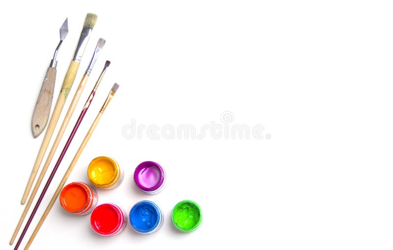 Painting on Canvas. Jars with Colorful Art Paint and Brushes Stock Image -  Image of space, artist: 179918371