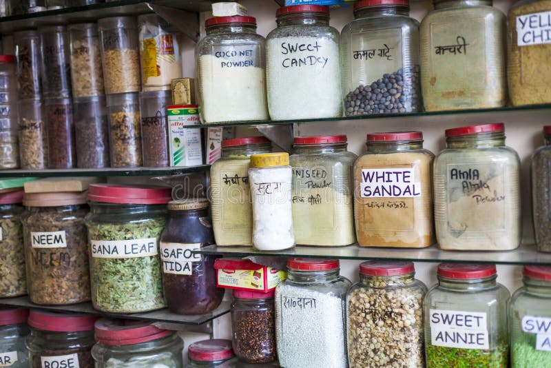 Jars of Herbs and Powders in a Indian Spice Shop. Stock Image Image of arabic, label 87589963