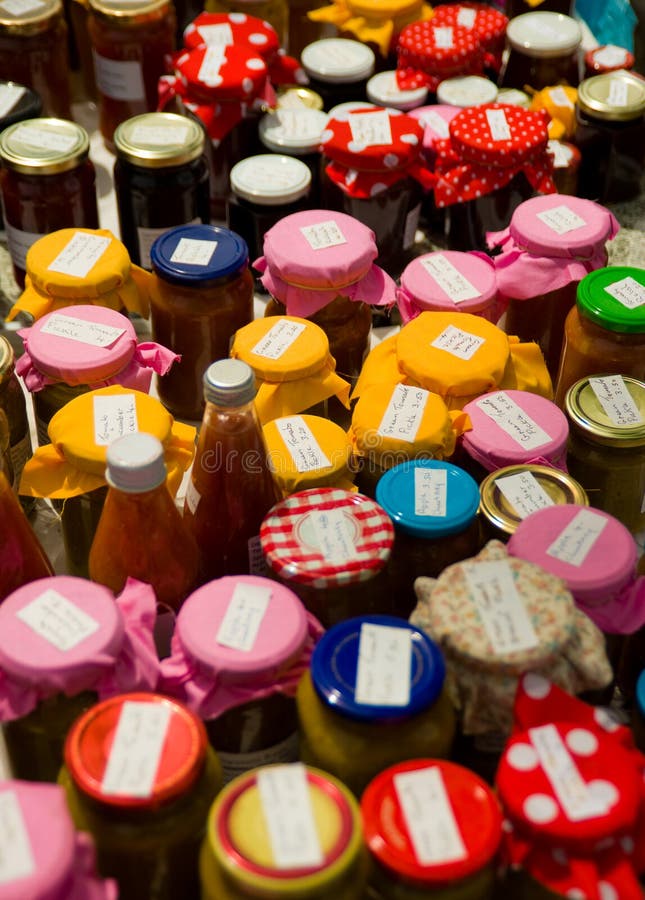Jars of home-made preserves stock images