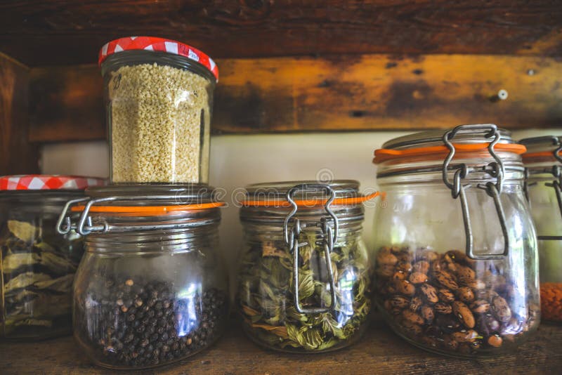 Jars in a kitchen UK stock photo. Image of grain, background 124977156