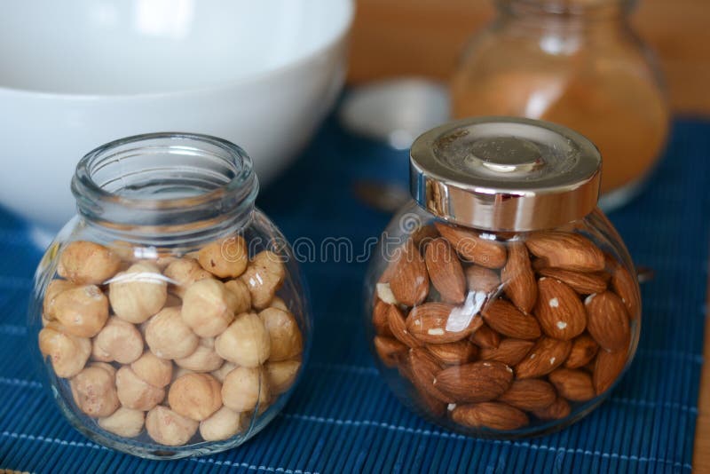 Row Of Jars With Nuts And Seeds At Grocery Store Stock Image Image of