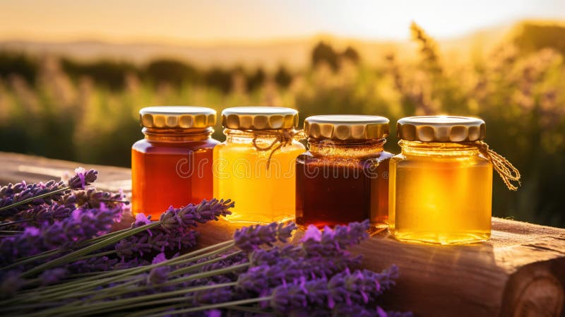 Jars of organic flower honey on a wooden table, with lavender, sunset in the background. Generative AI