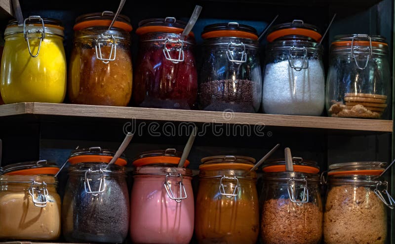 Jars of sweets on display in a traditional sweet shop, Market Street, Ioannina Epirus Greece
