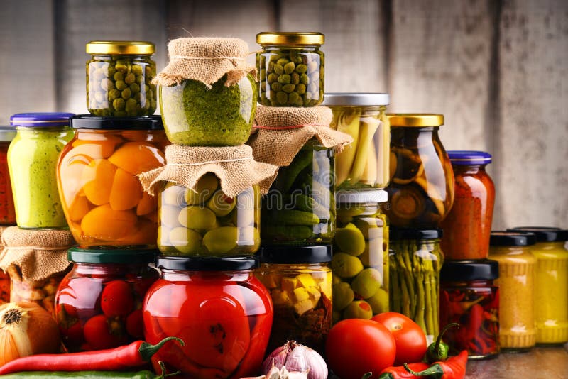Jars with Variety of Pickled Vegetables. Stock Photo Image of product, olive 86541158