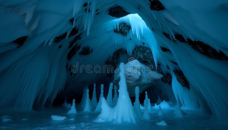 Jaskinia lodowa niebieska jasnozamrażana Grotto Zimowa Kraina Czarów Fotografia generacyjna AI ilustracji