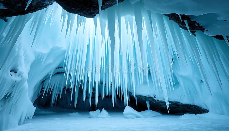 Jaskinia lodowa Niebieski Jaskinia Zima Zamrożone Grotto Lodowe Formacje Zimna natura Fotografia Generacja AI ilustracja wektor