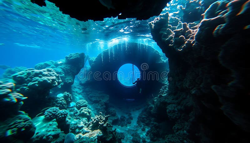Jaskinia podwodna niebieskie światło tajemnicza jaskinia i oceaniczna scena eksploracji Zapas Photo Generative AI ilustracji