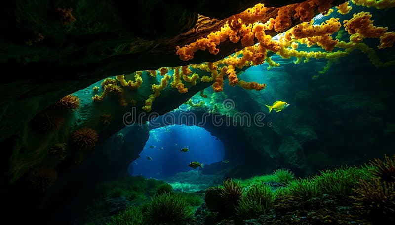 Jaskinia podwodna niebieskie światło tajemnicze głębiny oceaniczne. Gatunek generowany fotograficznie royalty ilustracja