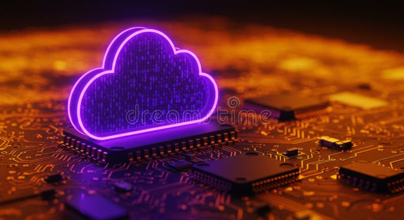 Jaskrawa ikona chmury na płycie głównej przedstawiającej technologię cyfrową i dane royalty ilustracja