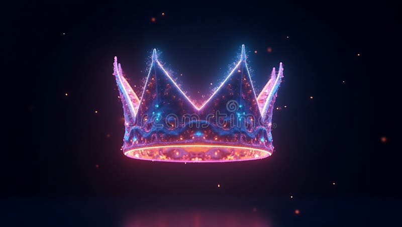 Jaskrawa neonowa korona z skomplikowanymi szczegółami pływającymi na ciemnym tle z błyskami wokół niej royalty ilustracja