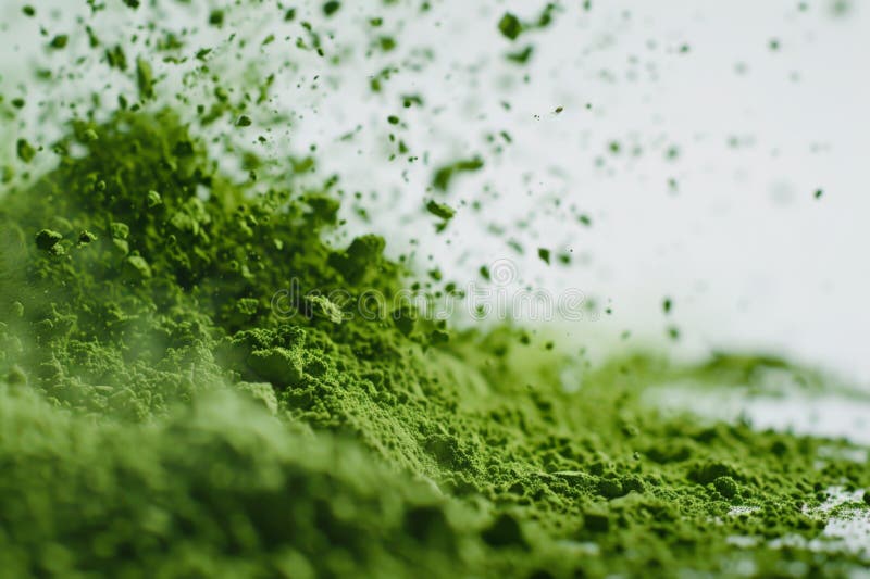 Jaskrawa zielona herbata matcha proszek spadający blisko siebie ilustracja wektor