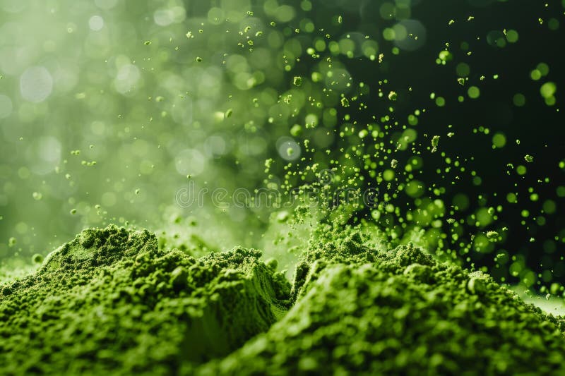 Jaskrawa zielona herbata matcha proszek spadający blisko siebie ilustracja wektor