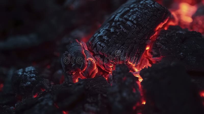 Jaskrawe Embers i Ciemny Węgiel w Pit Ognia. Bliski widok świecącego żaru i ciemnego węgla drzewnego w ogniu, charakteryzującym się wysoką strukturą i intensywnym czerwonym i pomarańczowym hues na tle głównie czarnym. Obraz przedstawia kontrasty między ciepłem i chłodnością światła i cienia a organicznymi formami spalania drewna