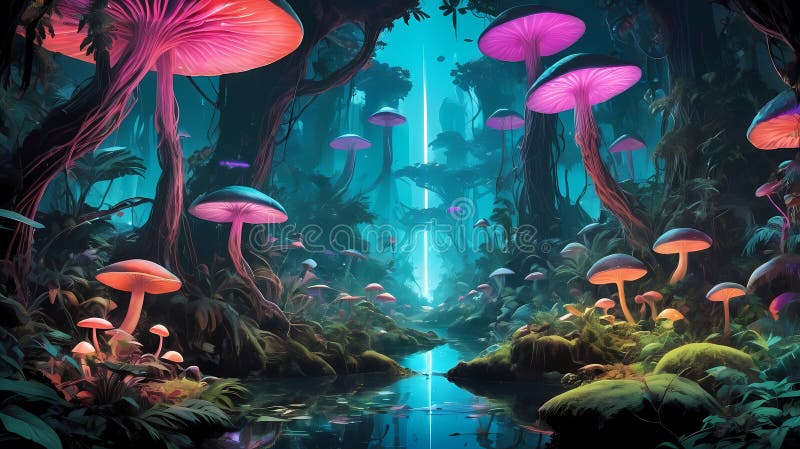 Jaskrawe Grzybowe Lasy z lampami Stream i Neon w Fantasy Setting obrazy royalty free