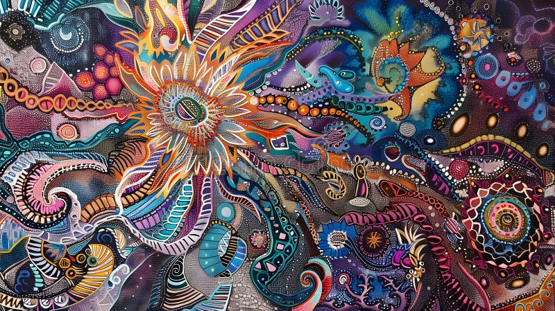 Jaskrawe kompozycje abstrakcyjne przedstawiające zawiłe wzorki i pogrubione kolory w psychodelicznym programie Dreamscape przedsta ilustracji