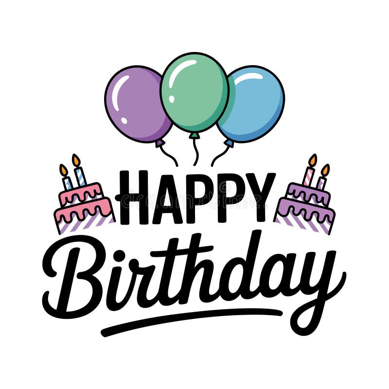 Jaskrawo kolorowe balony unoszą się nad słowami Happy Birthday z dwiema ozdobionymi ciastkami ze świeczkami ilustracji