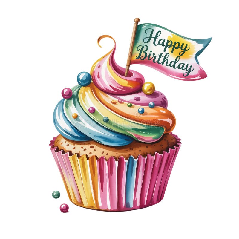 Jaskrawo kolorowy babeczek jest zwieńczony tęczą, wirowaną szronem i ozdobiony małą flagą czytającą Happy Birthday royalty ilustracja