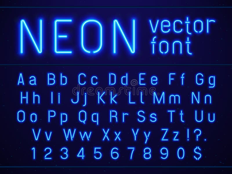 Bright glowing blue neon alphabet letters and numbers font. Nightlife entertainments city light, modern bars, casino illuminated sans serif lettering numbers included vector signs on dark background. Bright glowing blue neon alphabet letters and numbers font. Nightlife entertainments city light, modern bars, casino illuminated sans serif lettering numbers included vector signs on dark background