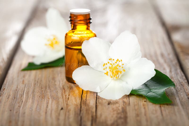 Fiori di gelsomino olio essenziale su di sfondo della tabella.