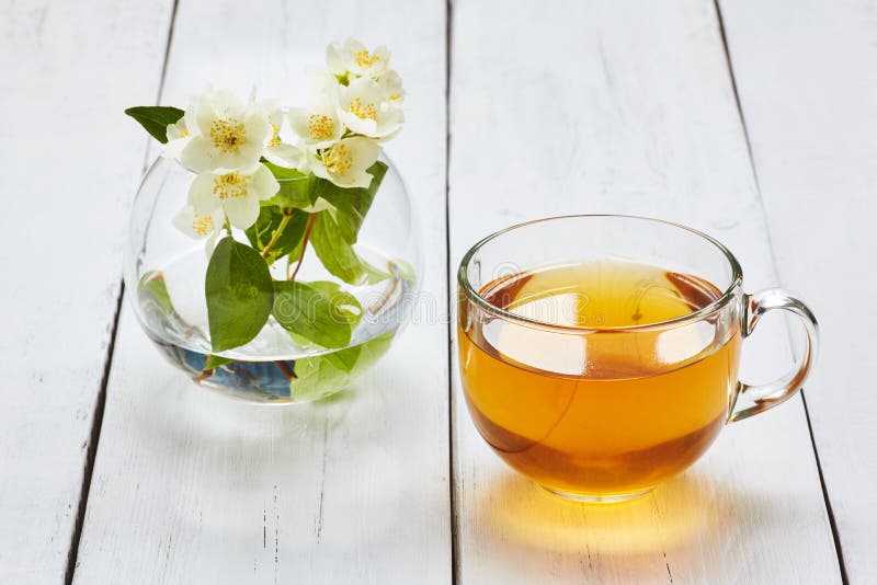 Jasmine Tea and Jasmine Flowers on a White Table Stock Photo Image of