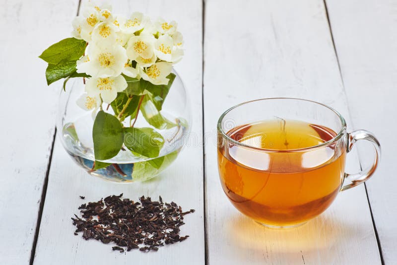 Jasmine Tea and Jasmine Flowers on a White Table Stock Image Image of