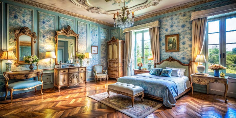 Jasna miniaturowa sypialnia krajobrazu francuskiego elegancki niebieski hues antyczny akcenty i rustyczny urok royalty ilustracja