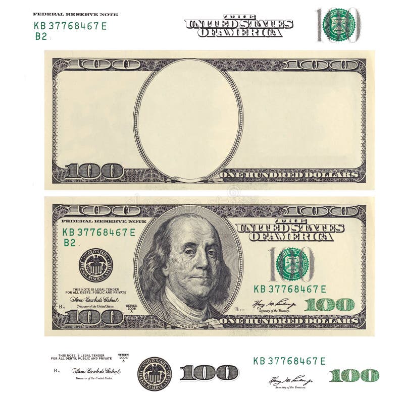 Jasnego 100 banknotu dolarowy szablon i elementy