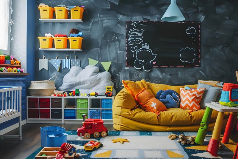 Jasno kolorowy pokój zabaw Projekt kolorowe zabawki Zorganizowana pamięć masowa i wygodne siedzenia dla Happy Child Playtime Fea royalty ilustracja