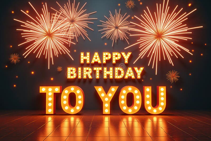 Jasno zapalane Wszystkiego najlepszego z okazji urodzin podpisać fajerwerkami. Święty pokaz urodzinowy z podświetlanym tekstem czytającym Happy Birthday to you na tle kolorowych fajerwerków
