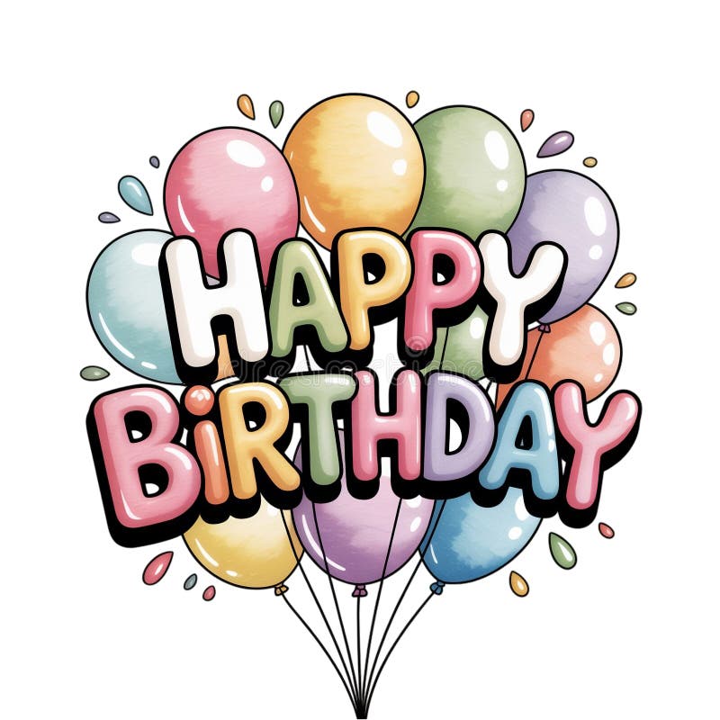 Jasnokolorowe balony tworzą tło dla odważnego, zabawnego napisu 'Happy Birthday'. ilustracji